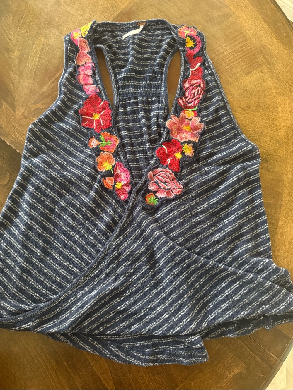 Free People Navy Striped Tank with Multicolor Floral Embroidery